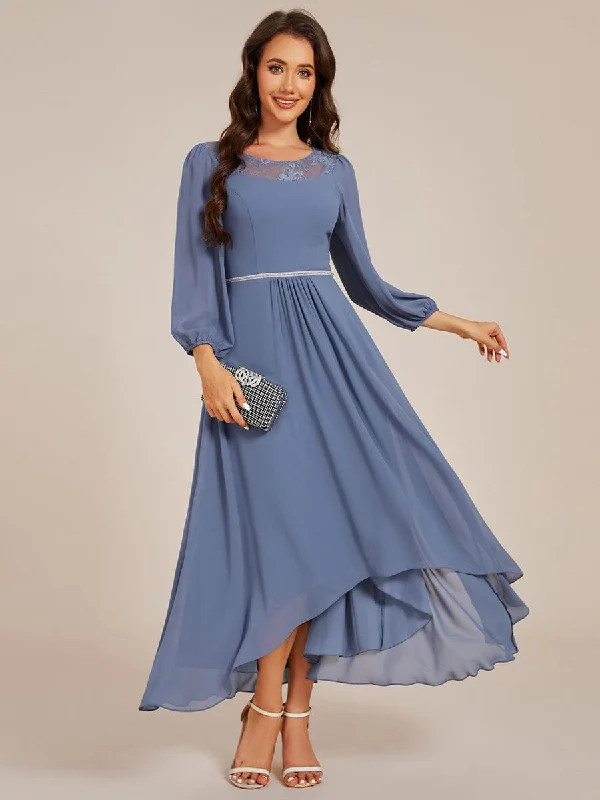 Soft Clothing Comfortable Trend Wear Cora | Long Sleeve Waist Chain Round Neckline Midi Chiffon Wedding Guest Dress