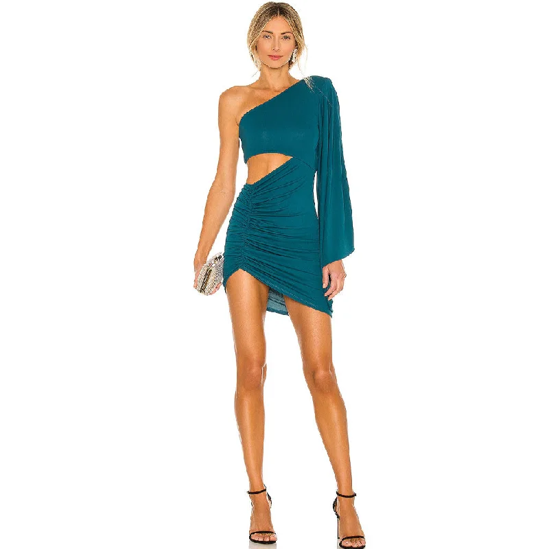 Timeless Style Casual Chic Options Asymmetric One Shoulder Cutout Ruched Party Mini Dress - Teal Timeless Style Casual Chic Options Asymmetric One Shoulder Cutout Ruched Party Mini Dress - Teal