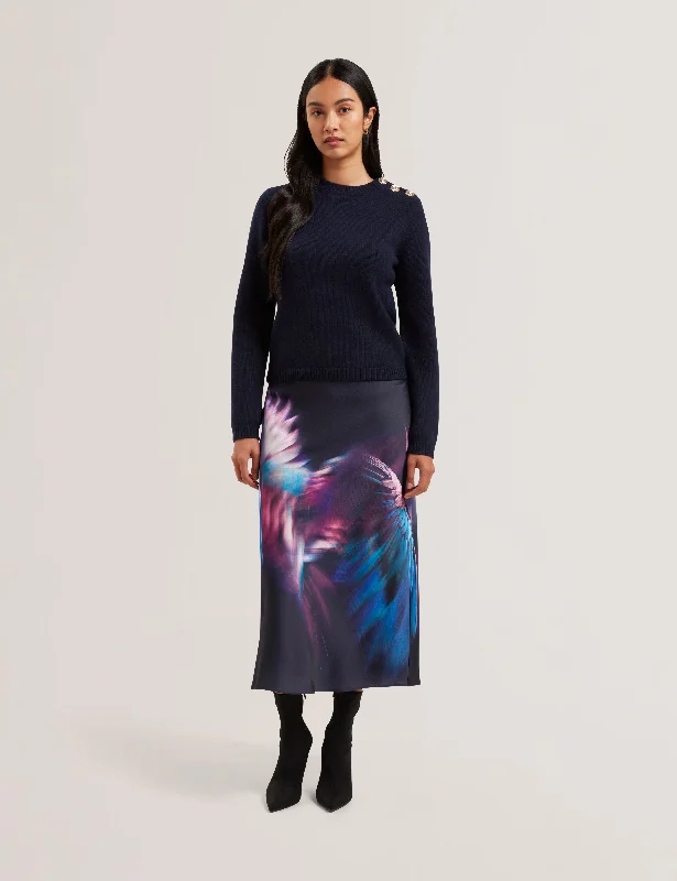 Warm Comfort Practical Soft Layers Janha Rose Button Crew Neck Long Sleeve Sweater Navy