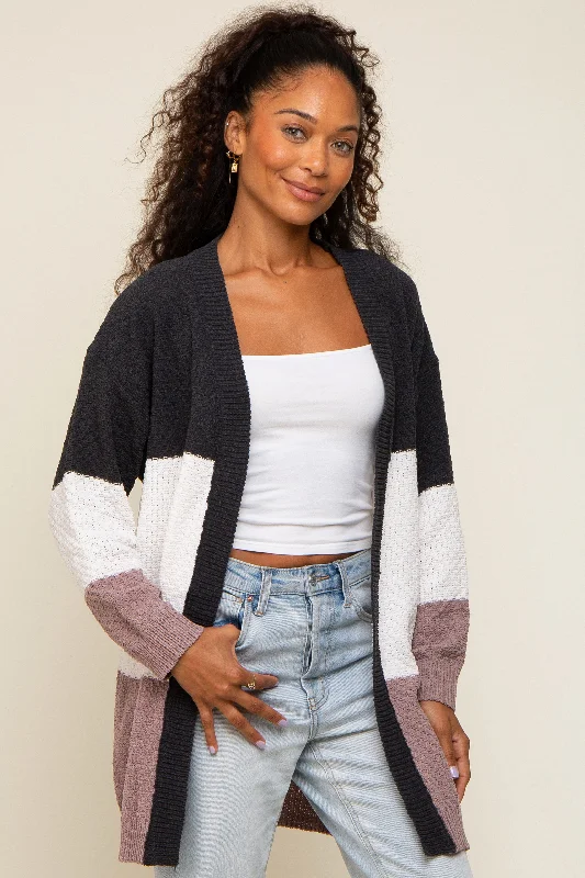 Breathable Comfort Comfy Layering Trends Charcoal Color Blocked Soft Knit Cardigan
