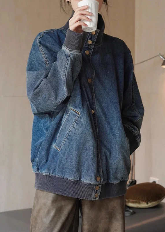 Layered Style Trendy Comfy Outfits Loose Denim Blue Stand Collar Pockets Button Coats Spring