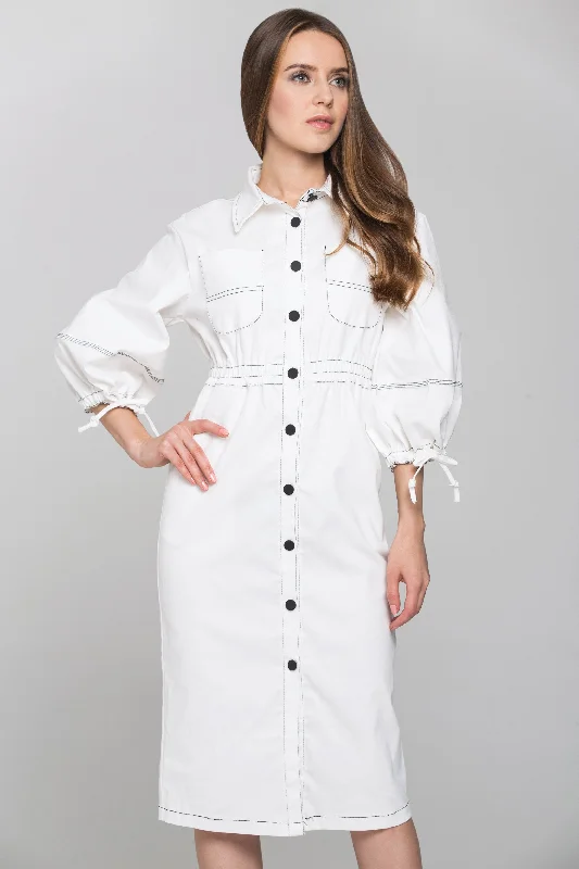 Urban Chic Cozy Layering Pieces White and Black Contrast stitch Puff Sleeves Midi Shirt Dress