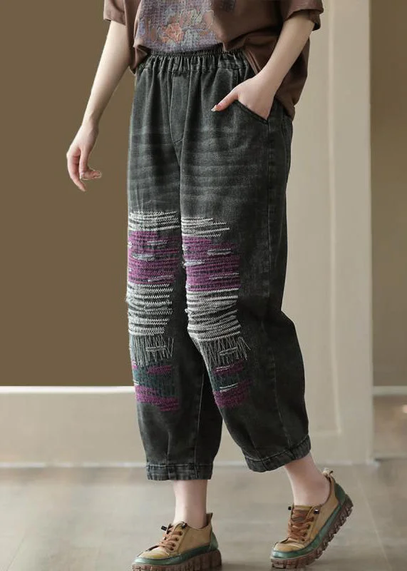 Comfortable Fashion Comfy Layering Trends Black Patchwork Denim Loose Crop Pants Elastic Waist