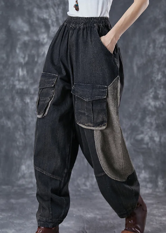 Relaxed Wear Effortless Street Chic Art Black Oversized Patchwork Pockets Denim Pants Spring