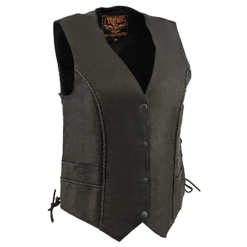 Trendy Looks Cozy Chic Styles Milwaukee Leather MLL4560 Women's Black Premium Leather Classic Braided Side Lace Deep V-Neck Motorcycle Rider Vest