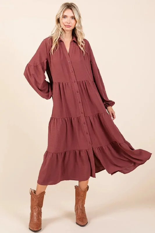 Chic Outfits Comfortable Layering Options Sienna Red   Ruched, Tiered Button Down Long Sleeve Midi Dress