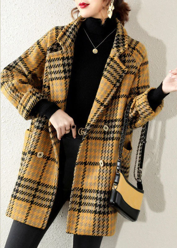Smart Comfort Cozy Chic Styles Bohemian Yellow Peter Pan Collar Plaid Coat Winter