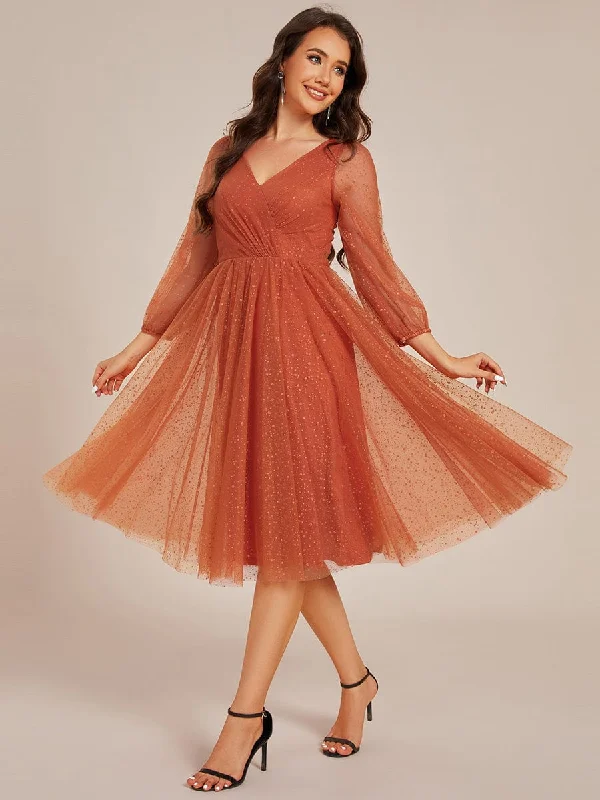 Easygoing Style Cozy Smart Wear Maren | Glittery Long Sleeve V-Neck Midi Wedding Guest Dress
