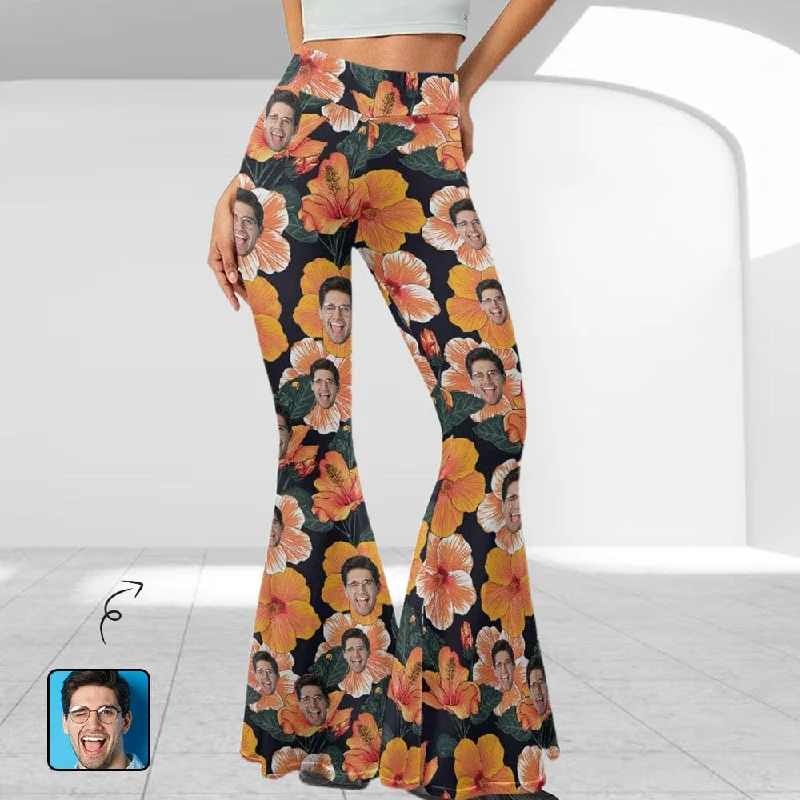 Trendy Looks Effortless Fashion Options Custom Face Orange Flowers Flare Yoga Pants for Women Soft High Waist Bootcut Leggings