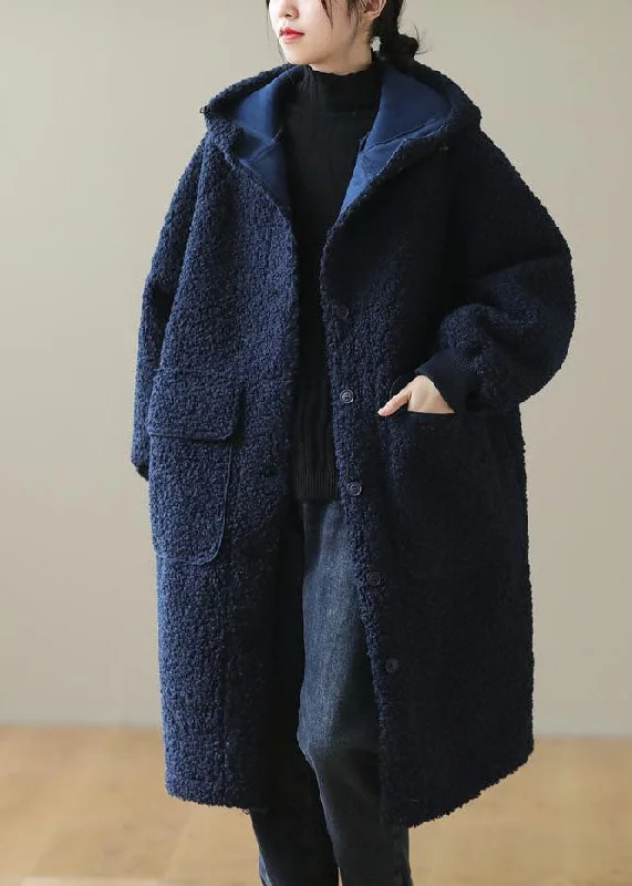 Soft Clothing Cozy Chic Styles Women Blue Hooded Button Faux Fur Winter Coat