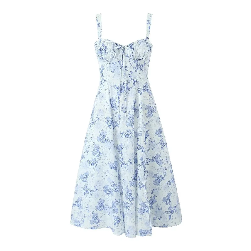 Basic Comfort Simple Comfort Trends Women's Blue And White Porcelain Cotton Printed Midi Strap Dress Basic Comfort Simple Comfort Trends Women's Blue And White Porcelain Cotton Printed Midi Strap Dress