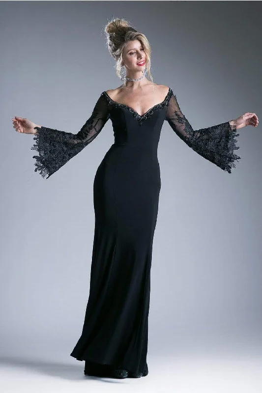 Cozy Knits Comfortable Fashionwear Cinderella Divine - Embellished Lace Bell Sleeve Sheath Dress