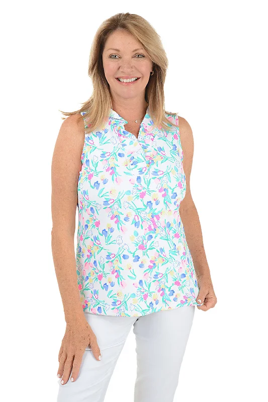 Trendy Looks Comfortable Everyday Pieces Tulip Bouquet UPF50+ Ruffle Sleeveless Top