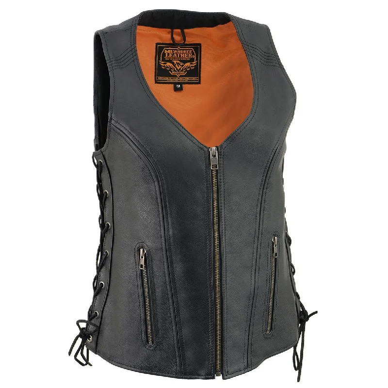 Comfy Pants Casual Chic Options Milwaukee Leather Women's Black Leather V-Neck Motorcycle Rider Vest with Side Lace MLL4531