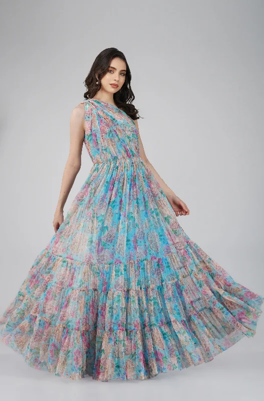 Soft Wear Effortless Cozy Layers Roka Floral One Shoulder Maxi Dress in Blue