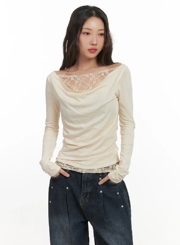 Comfortable Sweaters Cozy Chic Styles Lace Detail Cowl Neck Top CN426