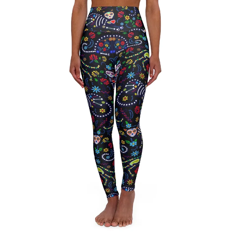 Cozy Fit Wear Practical Soft Layers Sugar Skull Cat Floral High Waisted Yoga Leggings