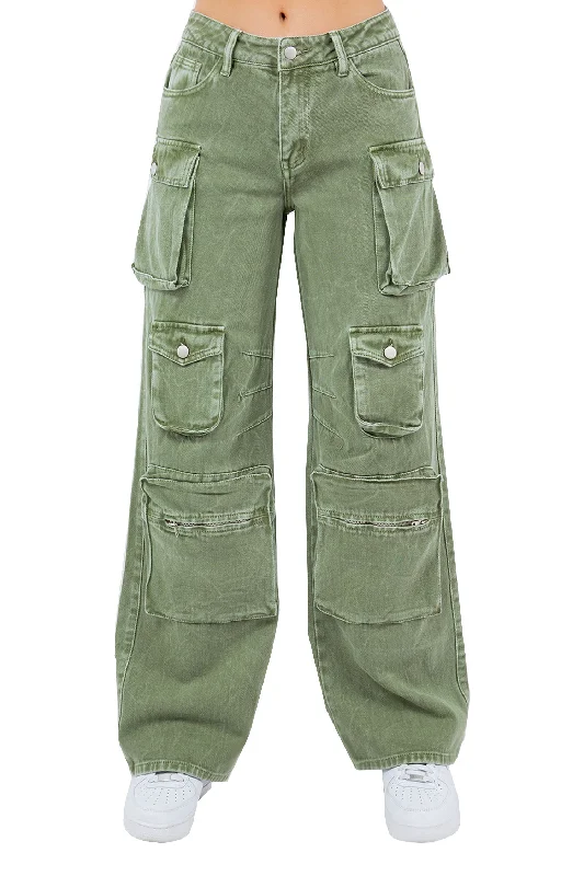 Cozy Vibes Chic and Comfortable Pieces Women's High Rise Stone Washed Cargo Pocket Loose Fit Denim Jeans
