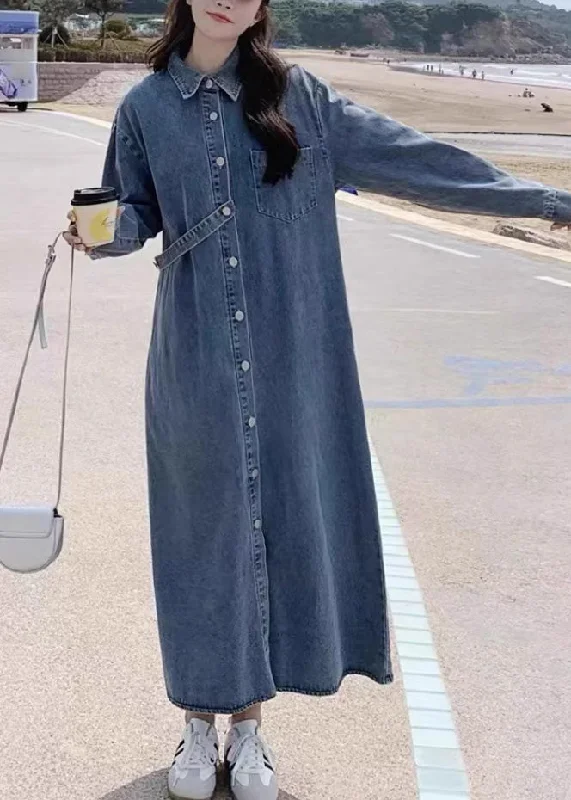 Trendy Dresses Trendy Cozy Wearables Casual Denim Blue Peter Pan Collar Patchwork Button Long Dress Spring