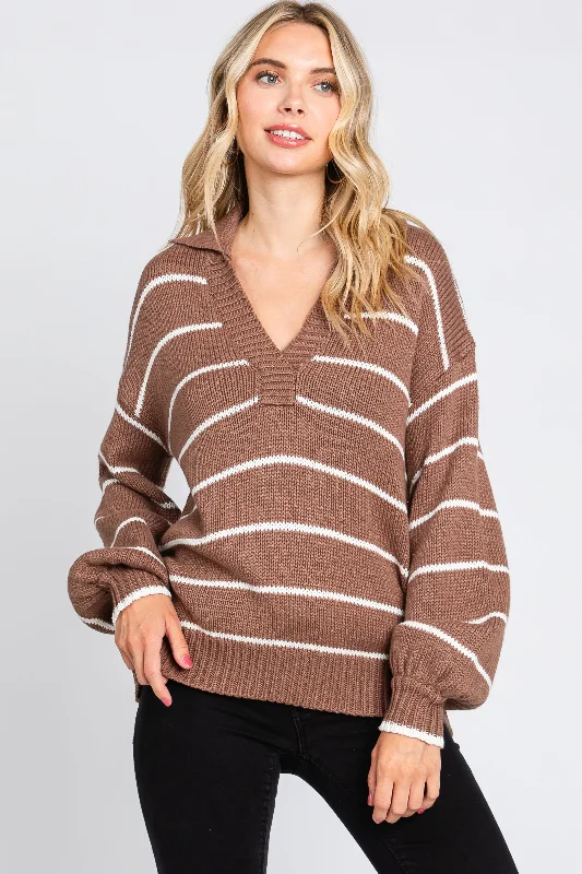 Easy Chic Soft Casual Wearable Brown Striped V-Neck Collared Sweater