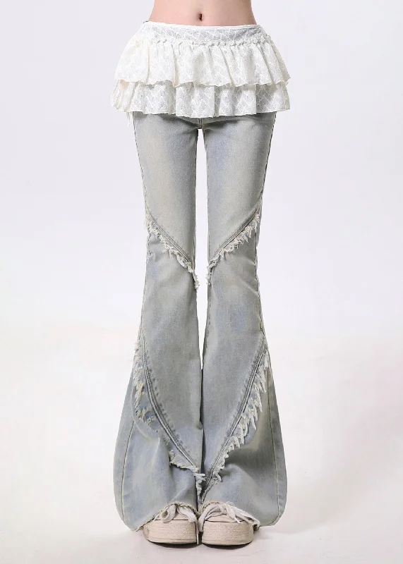 Relaxed Chic Trendy Warm Pieces Italian Light Blue Tasseled Patchwork Ruffles Denim Bell-bottom Trousers Spring