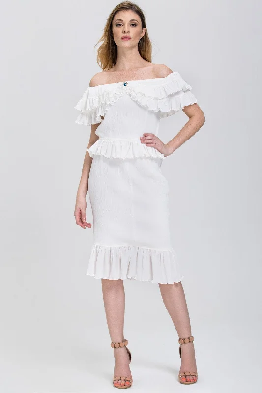 Elegant Fit Cozy Layered Wearables The Real Fouz - White Ruffled Crepe Off the Shoulder Two-piece Midi Dress