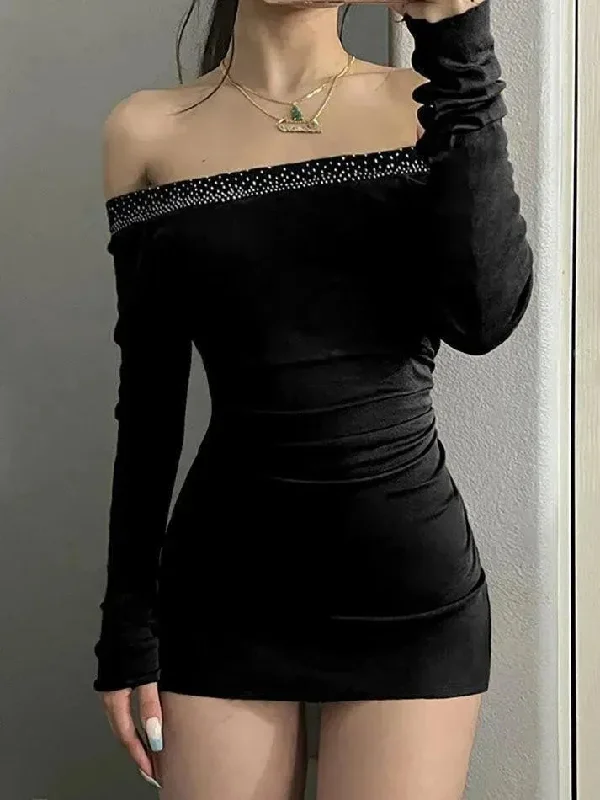 Soft Wear Comfy Outfits Wearable Rhinestone Off-Shoulder Ruched Long Sleeve Mini Dress