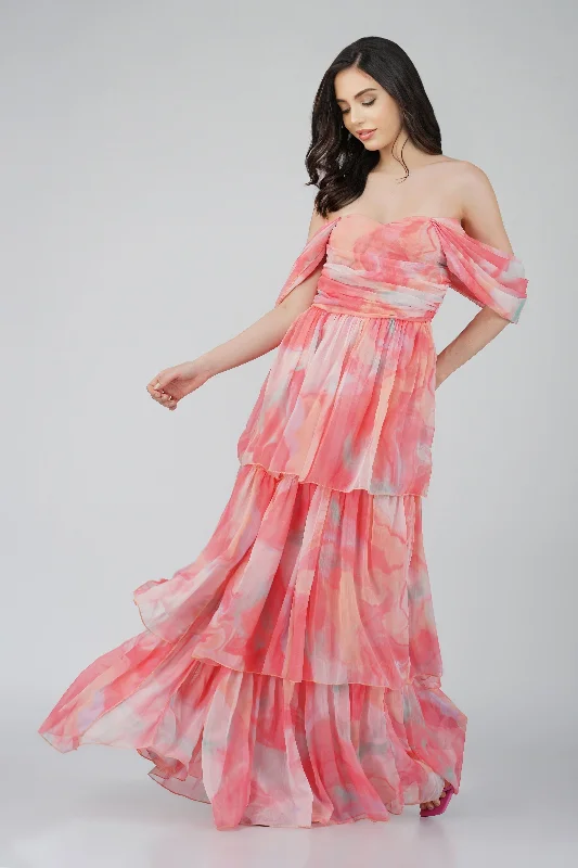 Breathable Style Soft and Relaxed Fashion Sydney Chiffon Maxi Dress in Coral Print