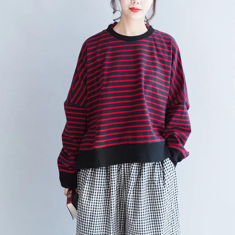 Light Fit Casual Chic Options new red black striped cotton t shirt oversize batwing sleeve side open pullover