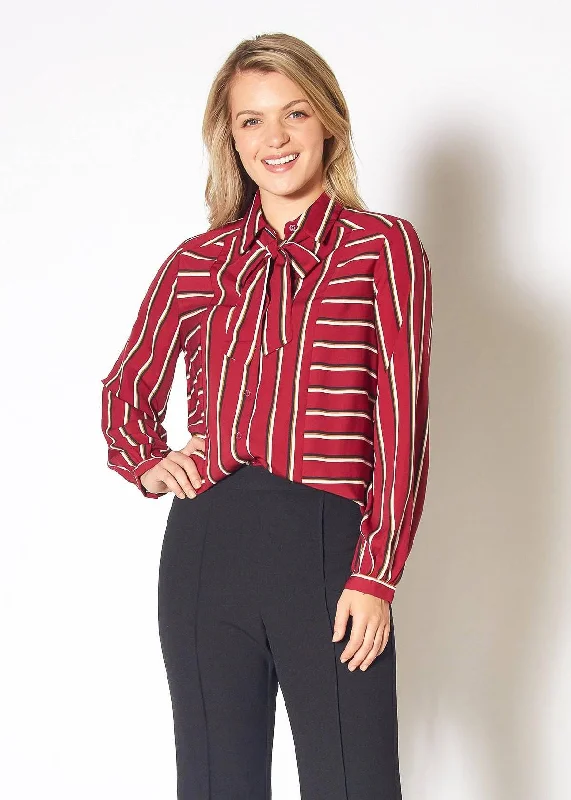 Trendy Dresses Relaxed Chic Pieces Pleione Womens Stripe Tie Neck Blouse in Dark Red Multi Stripe Trendy Dresses Relaxed Chic Pieces Pleione Womens Stripe Tie Neck Blouse in Dark Red Multi Stripe