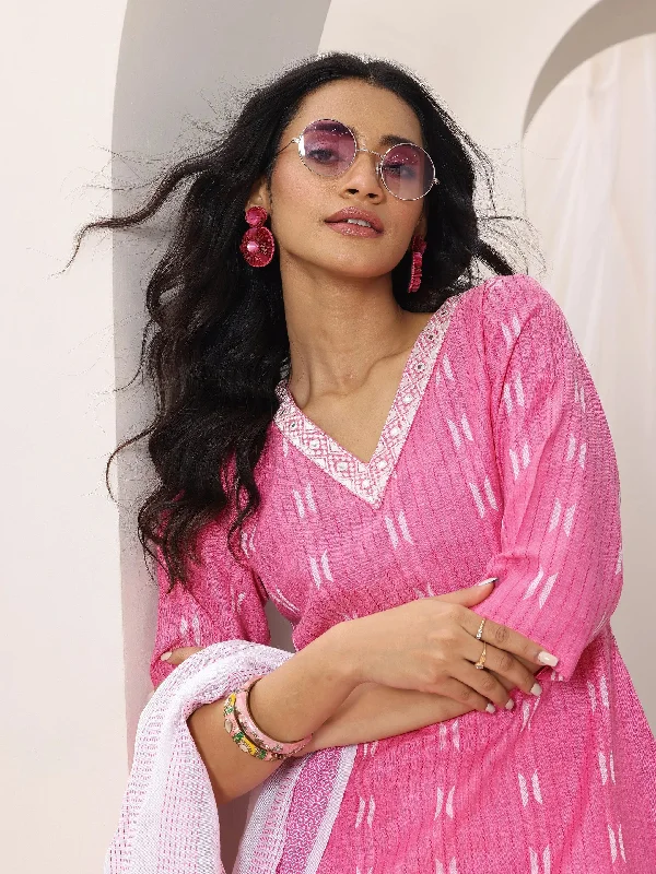 Cozy Sweaters Relaxed Street Fashion Pink Woven Design Cotton Blend Straight Suit Set With Dupatta