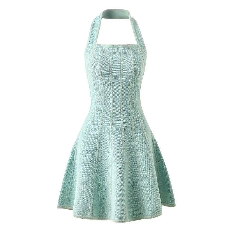 Luxe Comfort Simple Comfort Trends Elegant Tonal Striped Halter Neck Sleeveless Fit and Flare Mini Sweater Dress