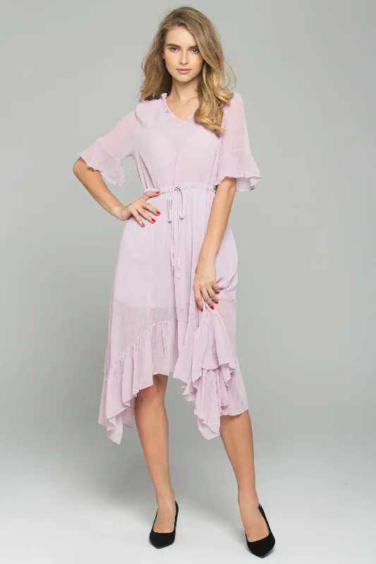 Breezy Style Trendy Street Comfort Wear Pink Drawstring V-Neck Ruffled Midi Dress