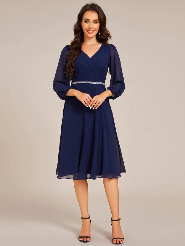 Stylish Jackets Warm Soft Clothing Pleated A-Line Long Sleeve Midi Chiffon Wedding Guest Dress