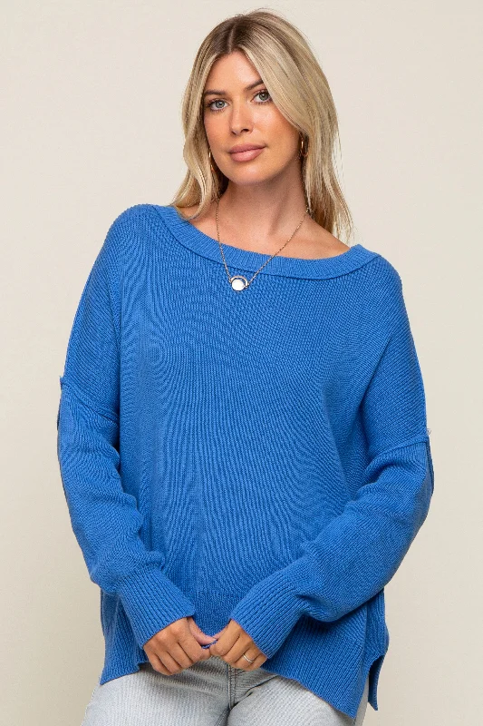 Comfortable Fashion Looks Trendy Cozy Wearables Royal Blue Exposed Seam Side Slit Sweater