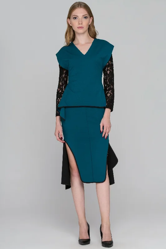 Trendy Casuals Stylish Relaxed Clothing Teal Green Black Lace Sleeve Midi Dress