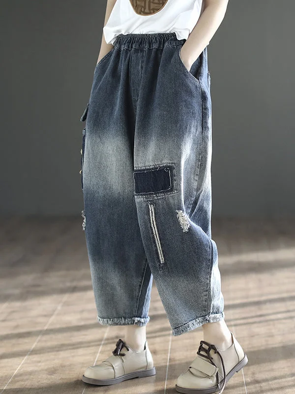 Soft Clothing Cozy Everyday Styles Vintage Hollow Elasticity Applique Denim Ninth Pants