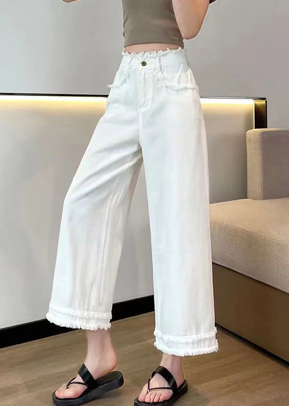 Sporty Comfort Comfortable Wardrobe Pieces White Pockets Patchwork Denim Crop Pants Tasseled Spring