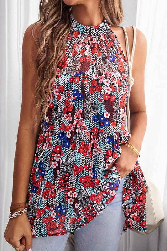 Everyday Style Comfortable Wear Choices Floral Tied Grecian Neck Tank