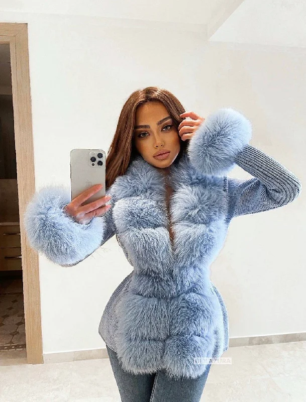 Breezy Style Comfortable Chic Wearables Blue Detachable Fox Fur Trimmed Ribbed Knit Sweater Breezy Style Comfortable Chic Wearables Blue Detachable Fox Fur Trimmed Ribbed Knit Sweater