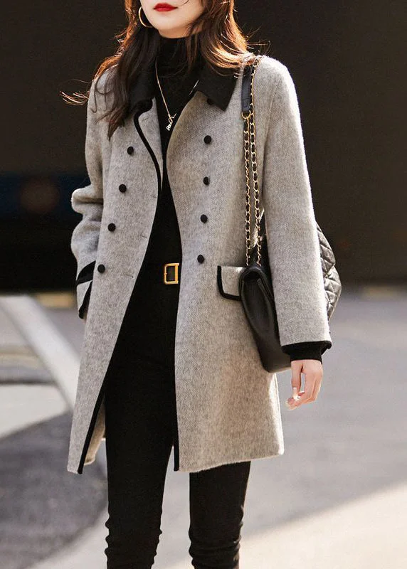 Everyday Comfort Trendy Casual Comfort French Grey Double Breast Patchwork Woolen Trench Fall Everyday Comfort Trendy Casual Comfort French Grey Double Breast Patchwork Woolen Trench Fall