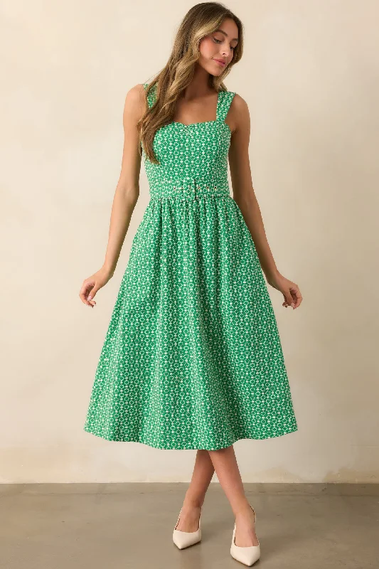 Breathable Comfort Streetwear Comfort Pieces Cameron Meadow Green Belted Midi Dress