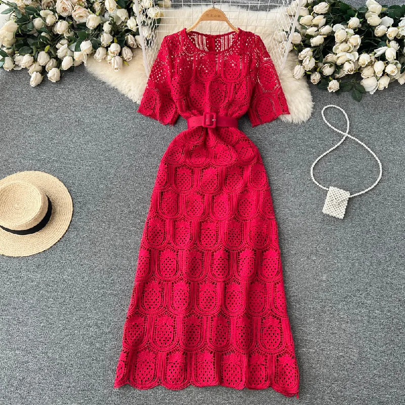 Relaxed Fashion Practical Warm Clothing Round Neck Long Sleeve Lace Short Sleeve Crocheted Waist-slimming Long Dress