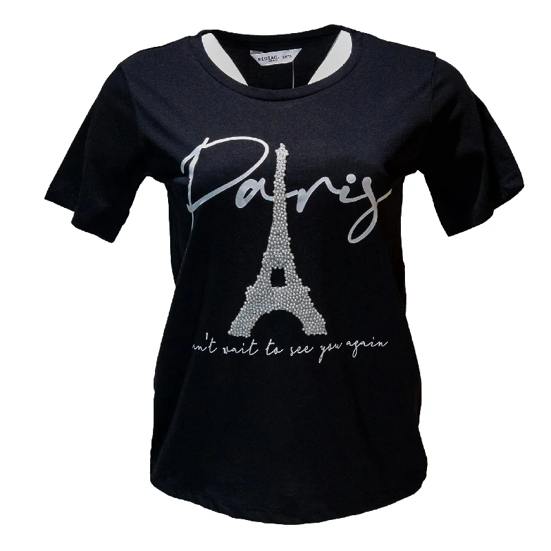 Chic Outfits Comfortable Wear Choices Black Paris Pearl Embellished T Shirt