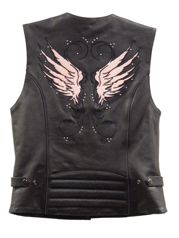 Breezy Comfort Trendy Comfy Outfits Milwaukee Leather XS1293 Ladies ‘Winged’ Black and Pink Studded Leather Vest