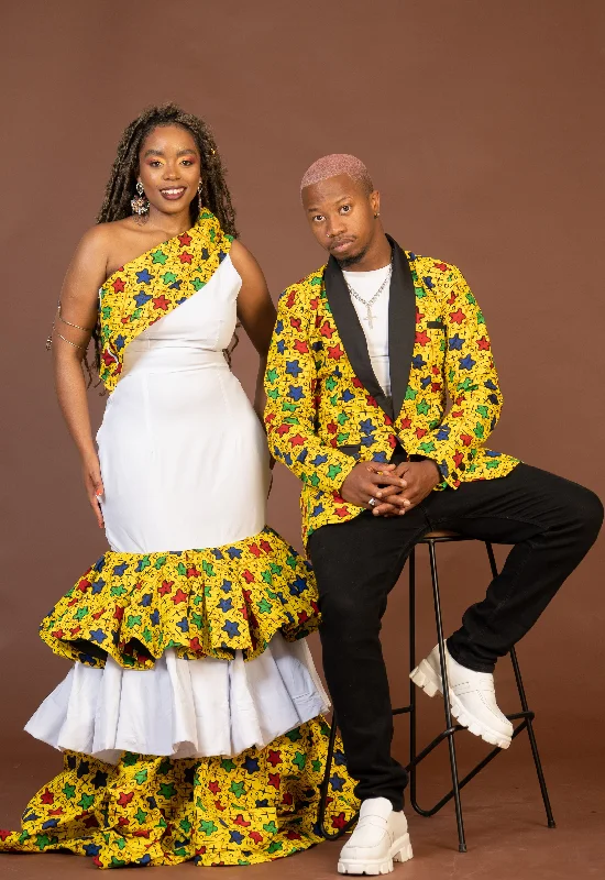 Trendy Wear Comfy Warm Fashion Mavis Ankara Maxi Dress | White and Yellow Mixed African Print Trendy Wear Comfy Warm Fashion Mavis Ankara Maxi Dress | White and Yellow Mixed African Print