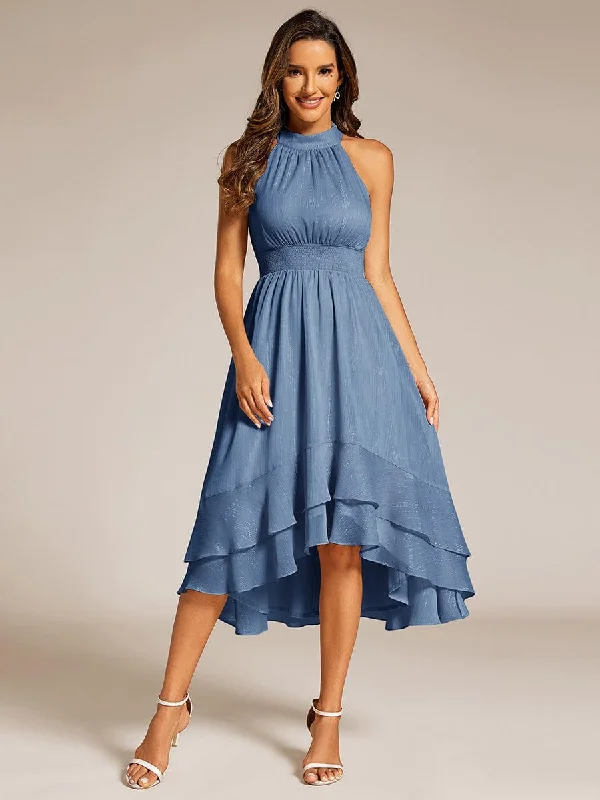 Casual Comfort Simple Chic Options Sparkly High-Low Ruffle Halter Neck Wedding Guest Dress with Pleating
