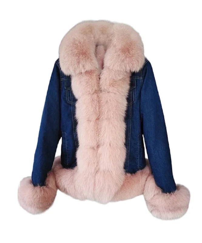 Trendy Casuals Comfortable Fashion Wearables Fox Fur Trimmed Parka Denim Coat With Rabbit Fur Lining In Pink