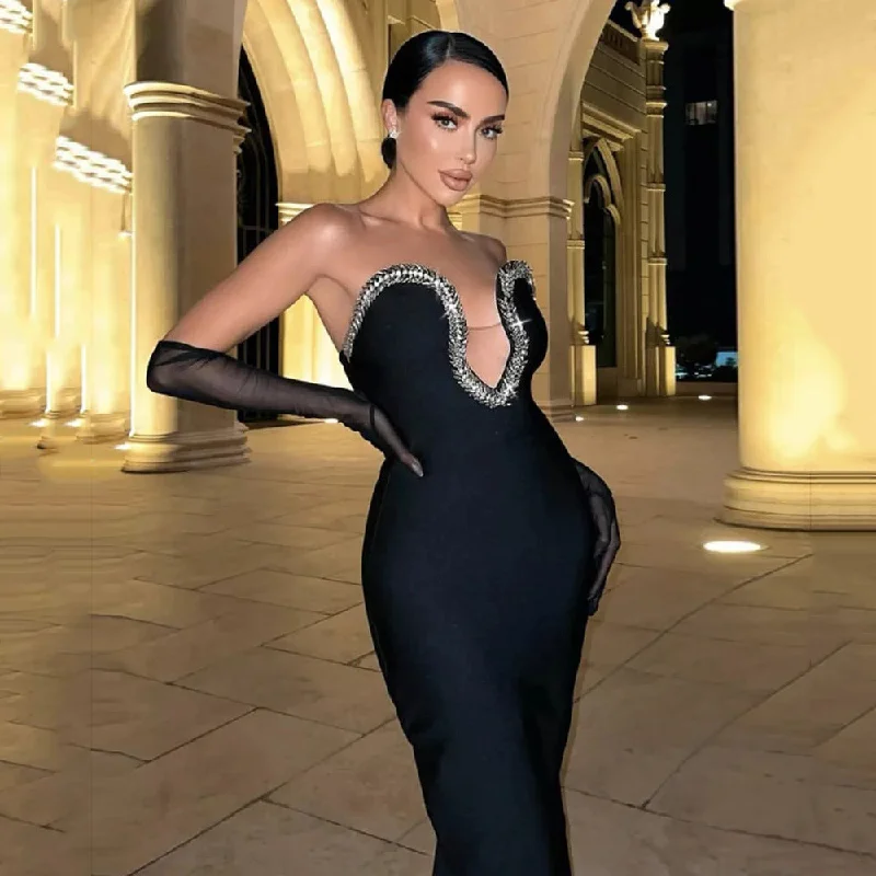 All-Day Wear Affordable Soft Fit V-neck Diamond Black Bandage Dress
