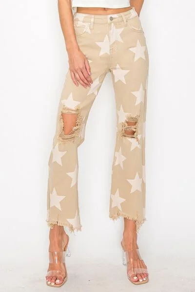 Everyday Style Cozy Everyday Layers RISEN Full Size High Rise Star Printed Frayed Hem Jeans